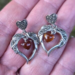 Sterling Silver Amber Marcasite Heart Post Dangle Earrings FAS 925 Vintage 90s